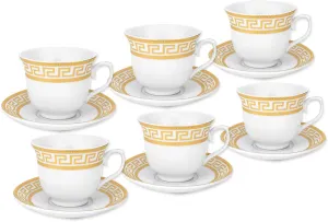 12 Piece Tea or Coffee Set Greek Key Design Fine Porcelain (Gold)