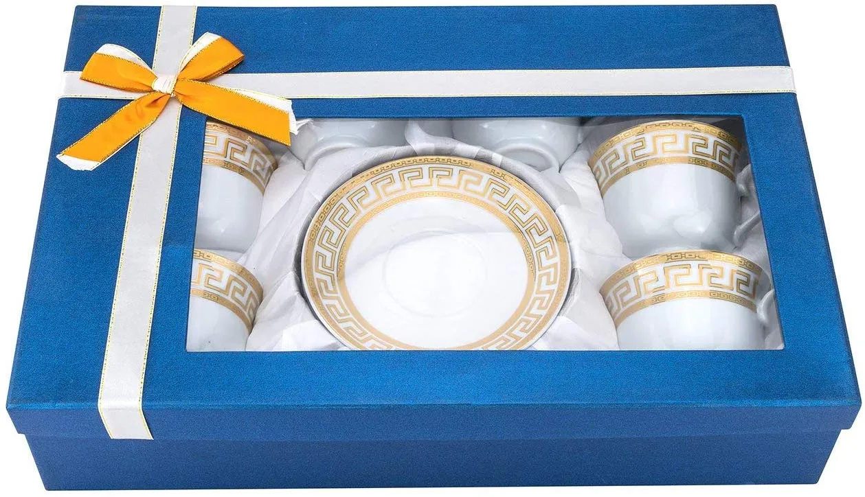12 Piece Tea or Coffee Set Greek Key Design Fine Porcelain (Gold)