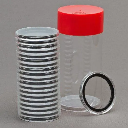 (2) Airtite Coin Holder Storage Container & (20) Black Ring 41Mm Air-Tite Coin Holder Capsules