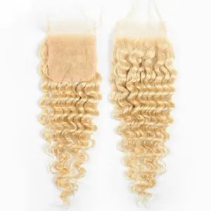 4x4 Transparent Lace Closure Deep Wave 613 Honey Blonde 100% Human Hair Free Part Closure