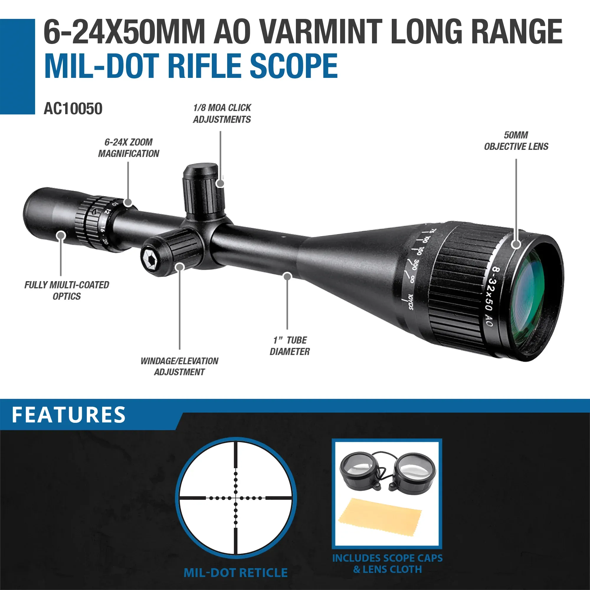 6-24x50mm Varmint AO Mil-Dot Rifle Scope | AC10050