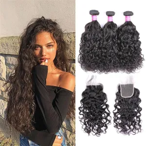 9A  Natural Wave Human Hair 3 Bundles with 4*4 Closure Natural Black
