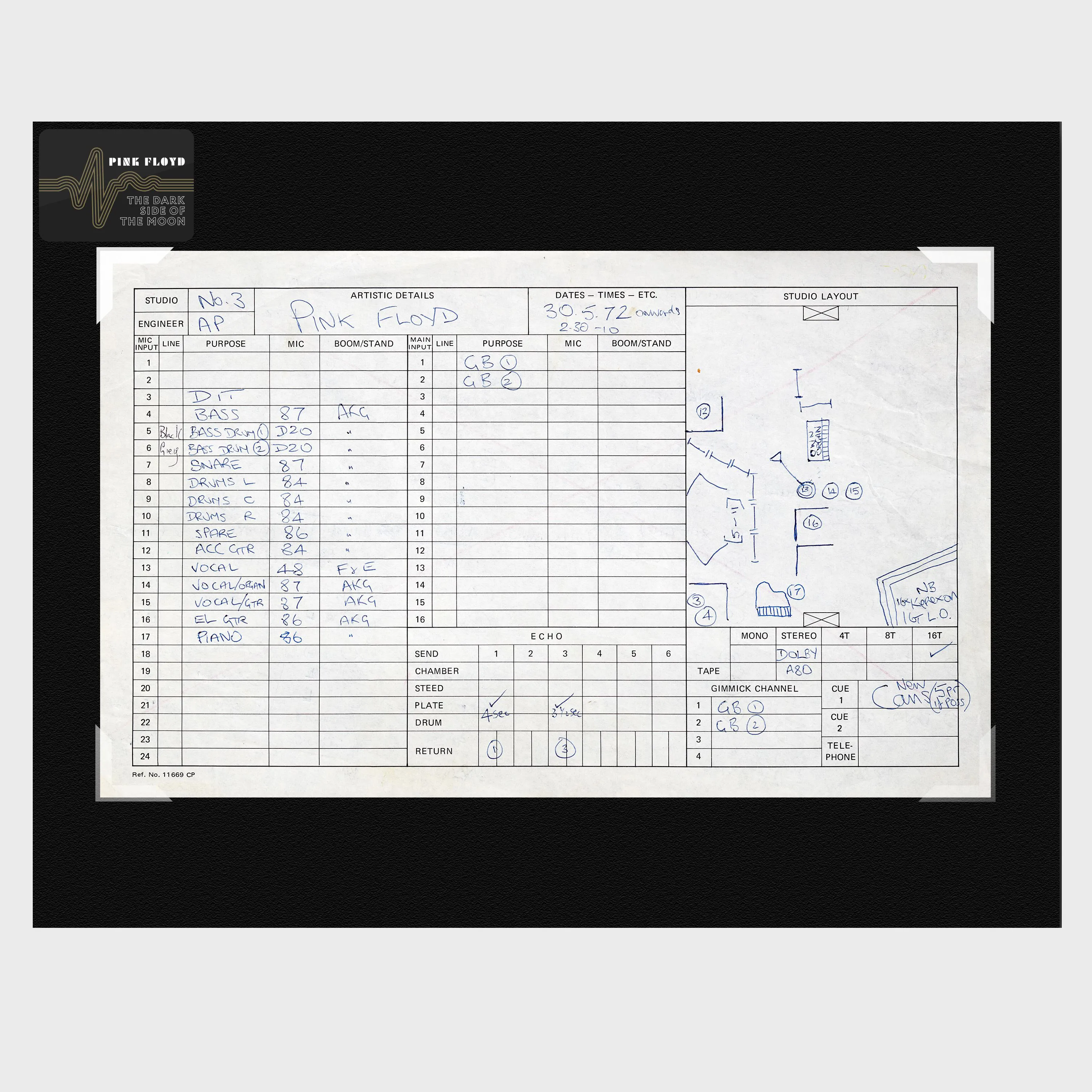 Abbey Road Studios x Pink Floyd 'The Dark Side of The Moon' Session Sheet