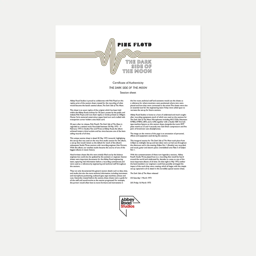 Abbey Road Studios x Pink Floyd 'The Dark Side of The Moon' Session Sheet