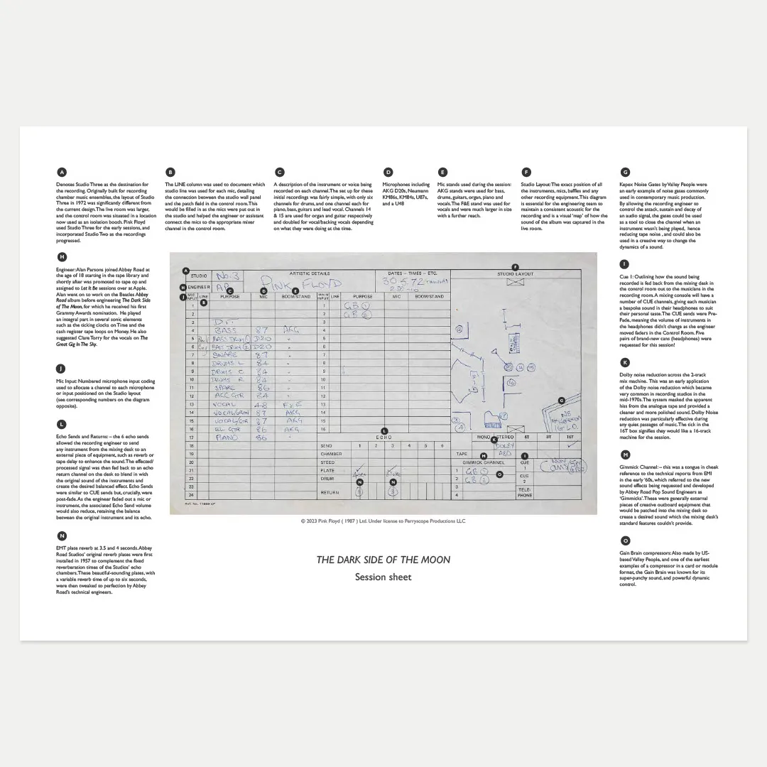 Abbey Road Studios x Pink Floyd 'The Dark Side of The Moon' Session Sheet