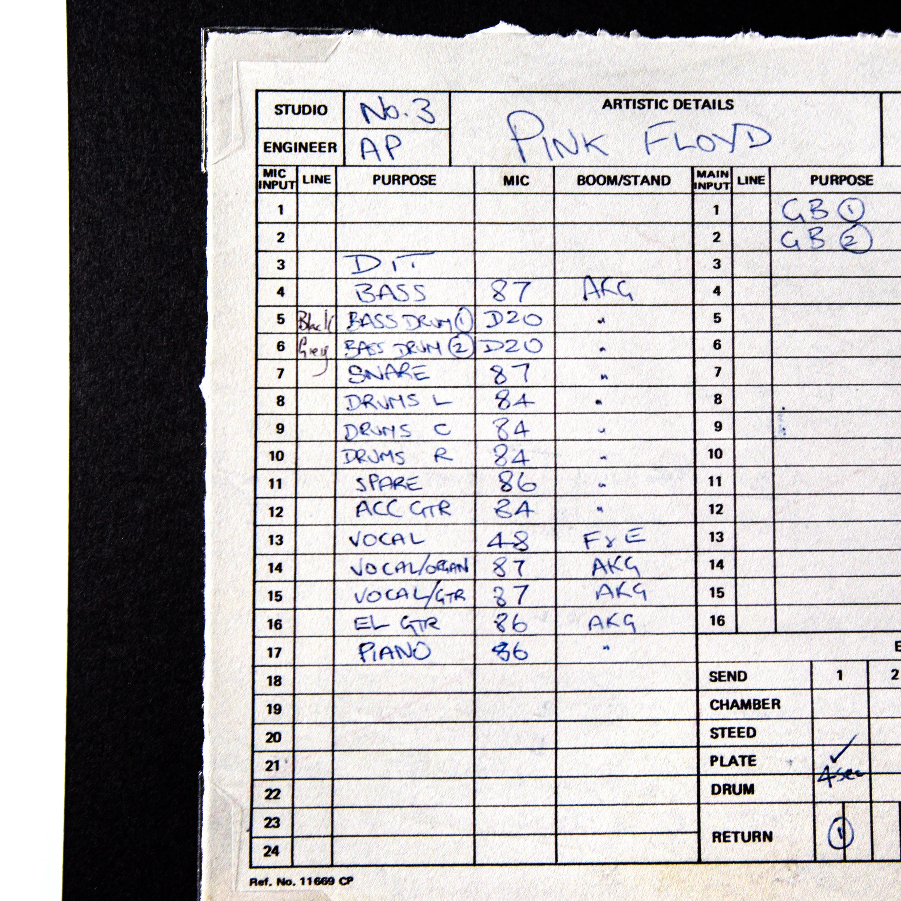 Abbey Road Studios x Pink Floyd 'The Dark Side of The Moon' Session Sheet