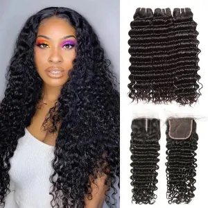 Alipop Deep Wave Hair With Closure 100% Human Hair 3 Bundles With Closure