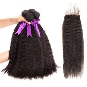 Alipop Hair Kinky Straight 4 Bundles With Closure 100% Human Hair Bundles With 4X4 Lace Closure