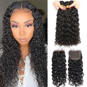 Alipop Water Wave 3 Bundles with Closure 100% Virgin Wet and Wavy Hair Bundles With Lace Closure Natural Color