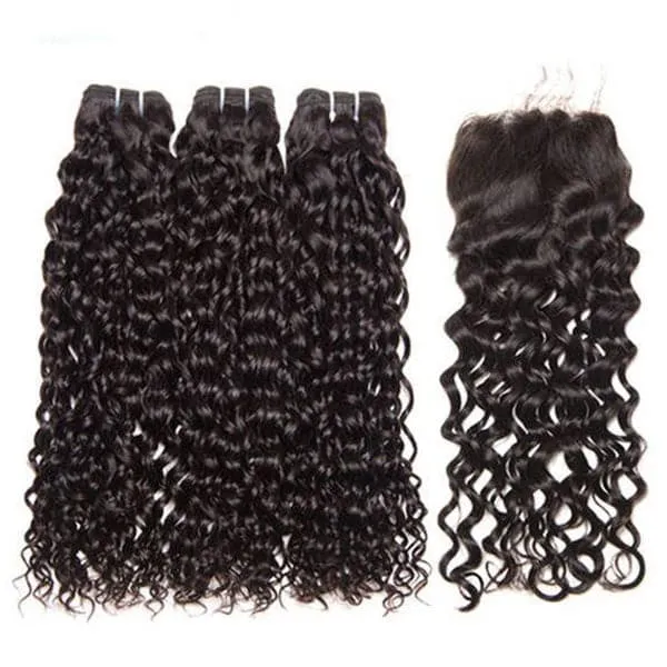 Alipop Water Wave 3 Bundles with Closure 100% Virgin Wet and Wavy Hair Bundles With Lace Closure Natural Color