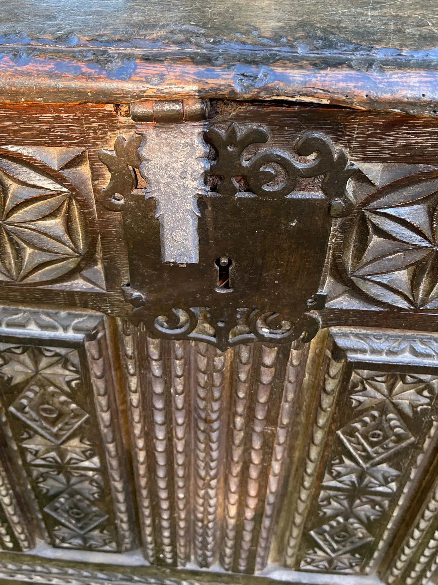 Antique Gothic Revival Trunk with Painted Interior