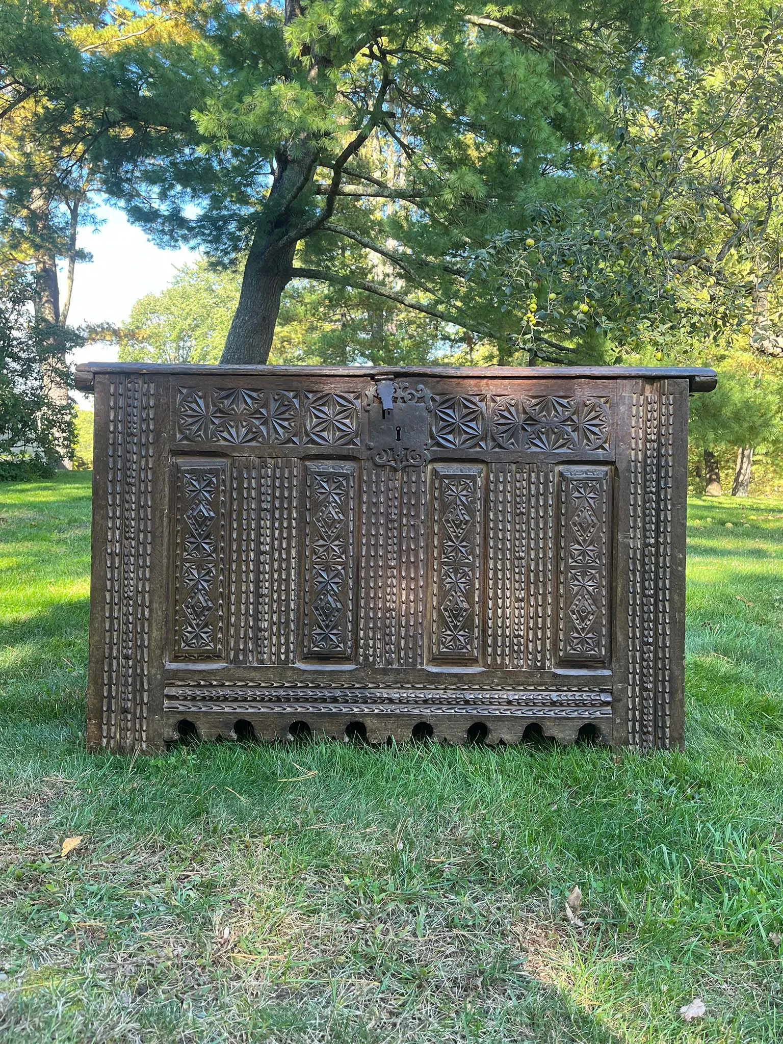 Antique Gothic Revival Trunk with Painted Interior