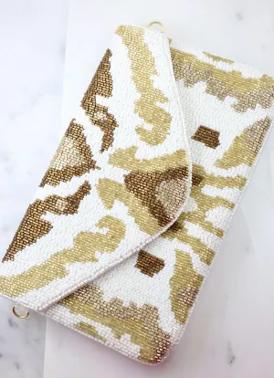 Beaded Kaelynn Patterned Crossbody/Clutch: White