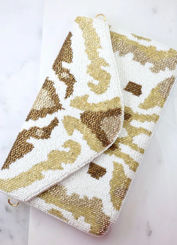 Beaded Kaelynn Patterned Crossbody/Clutch: White