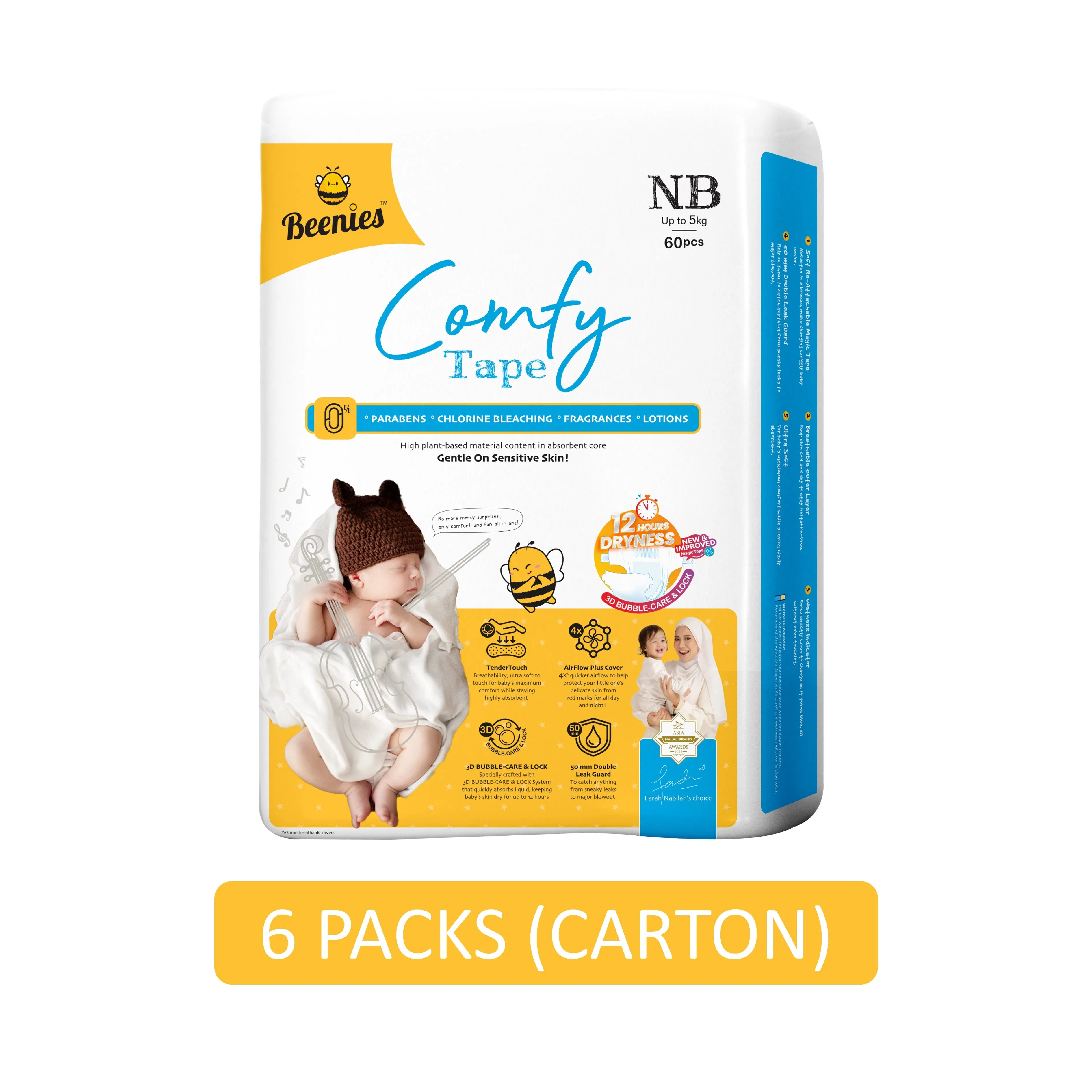 Beenies Baby Comfy Tape Diapers Size NB 60's (Up To 5kg) [Jumbo Pack] [6 Packs/Carton]
