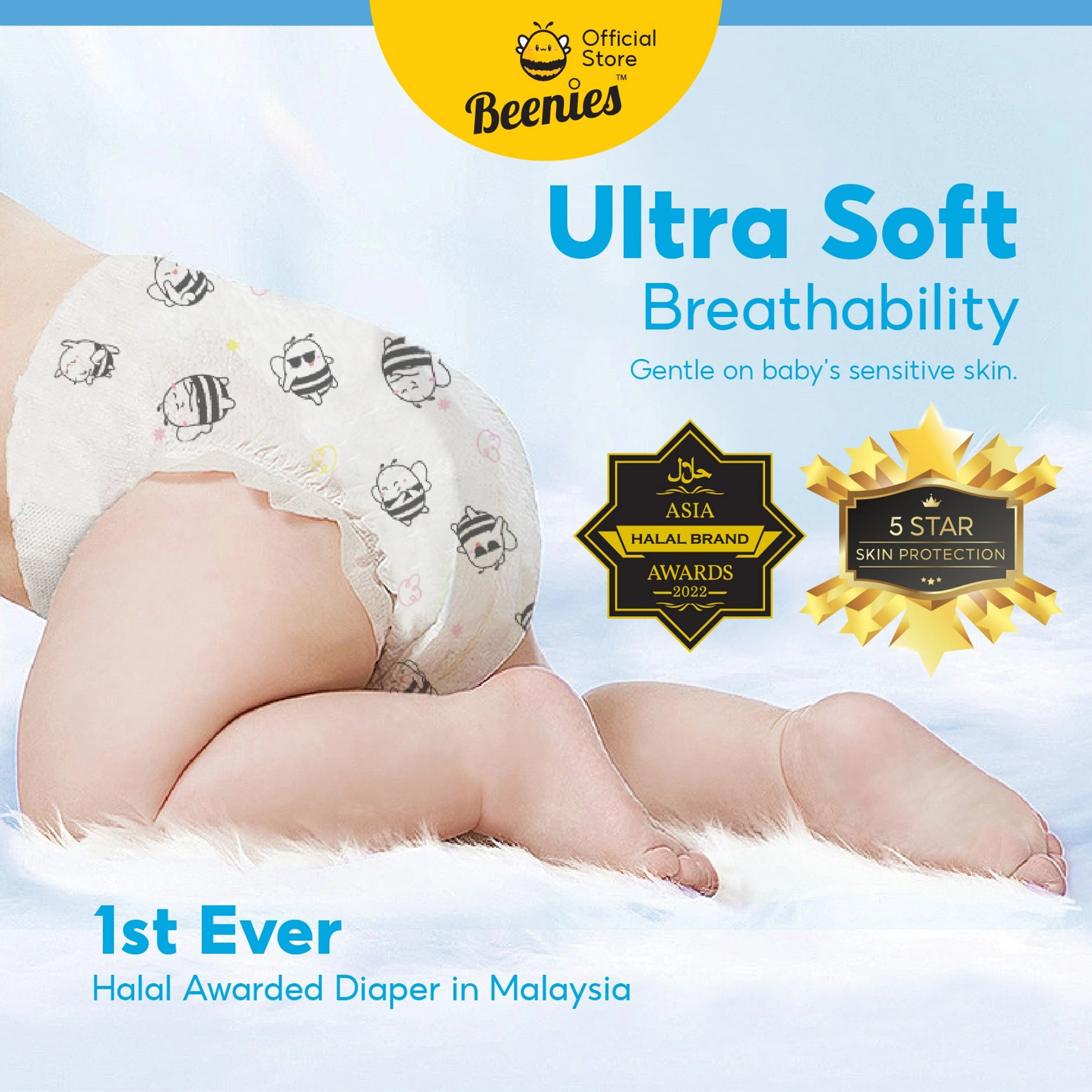 Beenies Baby Comfy Tape Diapers Size NB 60's (Up To 5kg) [Jumbo Pack] [6 Packs/Carton]