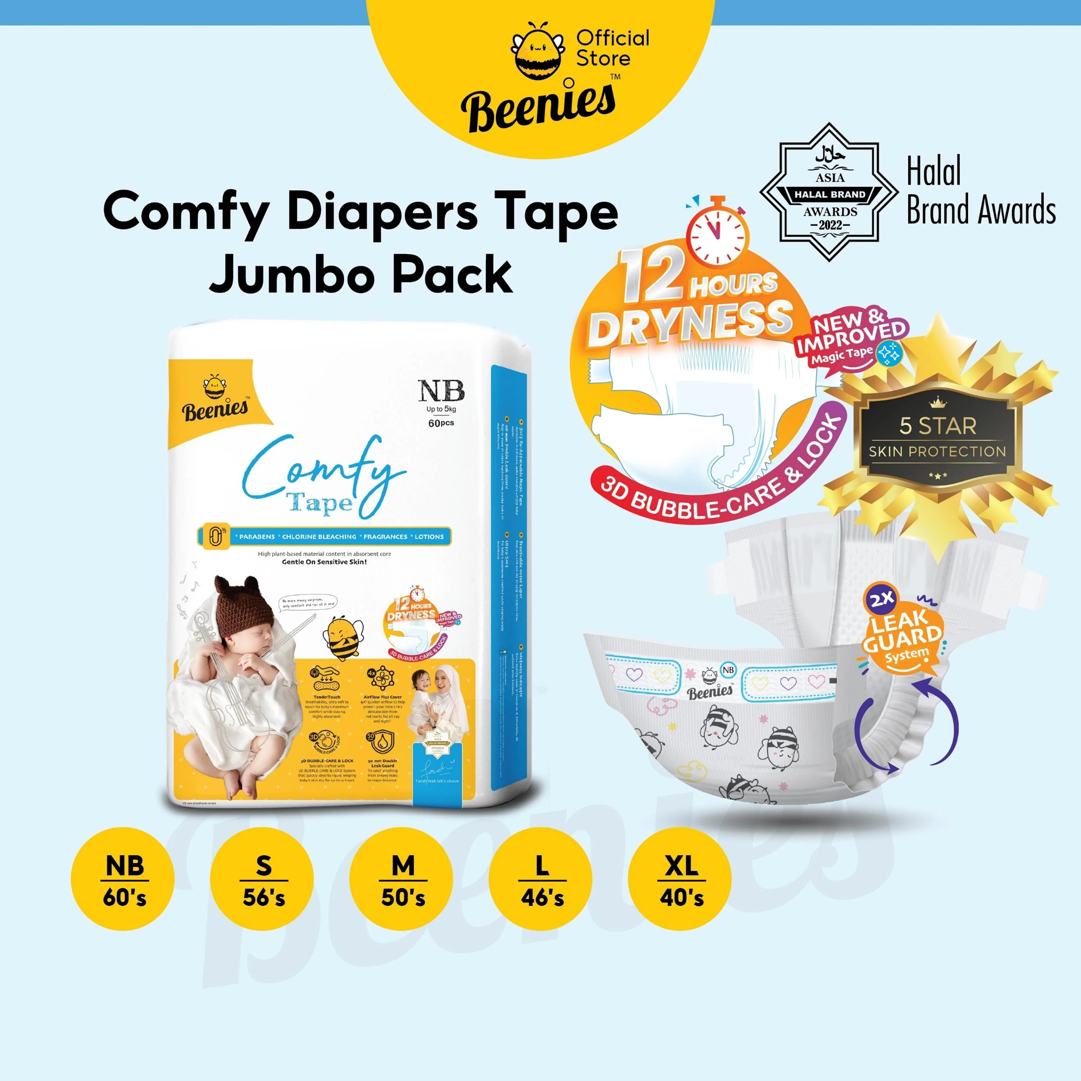 Beenies Baby Comfy Tape Diapers Size NB 60's (Up To 5kg) [Jumbo Pack] [6 Packs/Carton]
