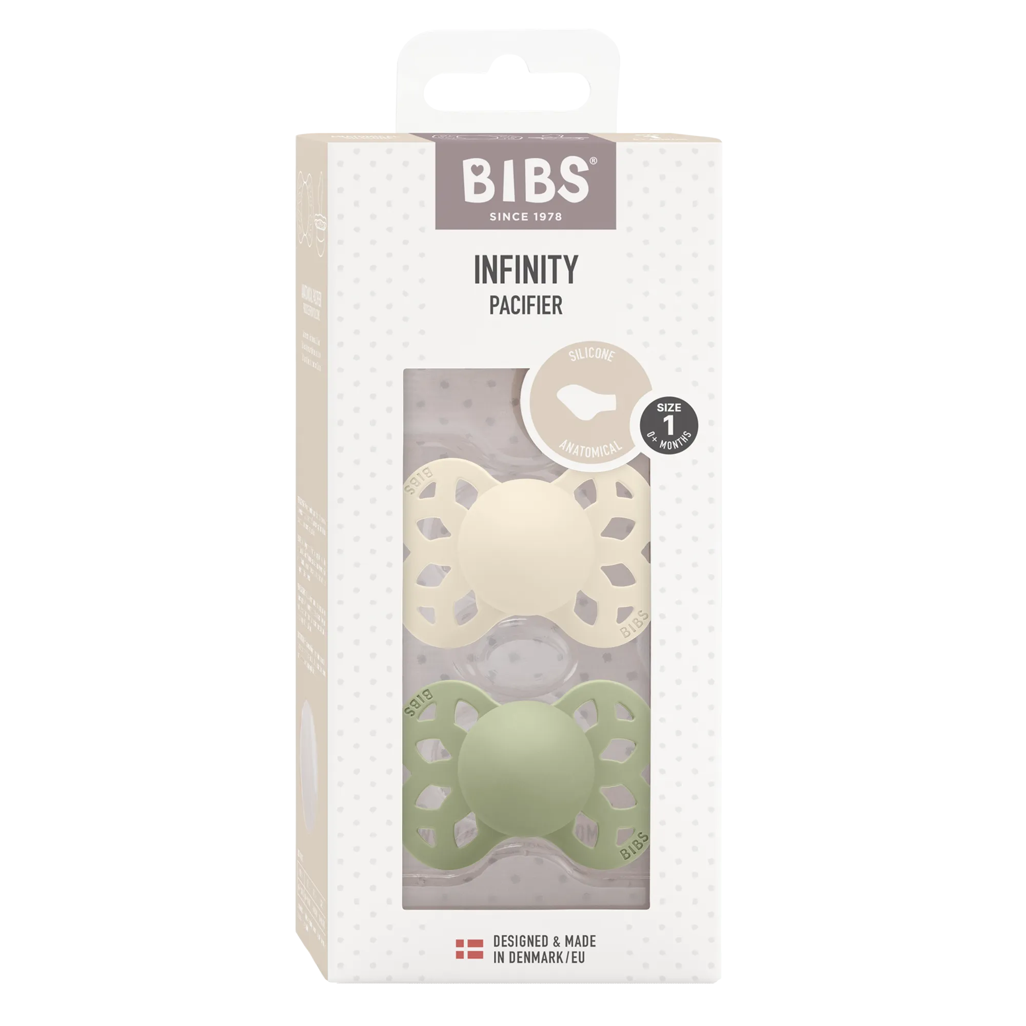 BIBS Infinity Pacifier Silicone 2 PK Anatomical Ivory/Sage (Min. of 2 PK, multiples of 2 PK)