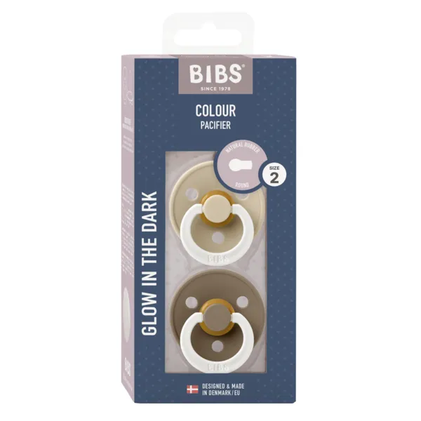 BIBS Pacifier Original COLOUR Latex 2 PK Vanilla Glow/Dark Oak Glow (Min. of 2 PK, multiples of 2 PK)