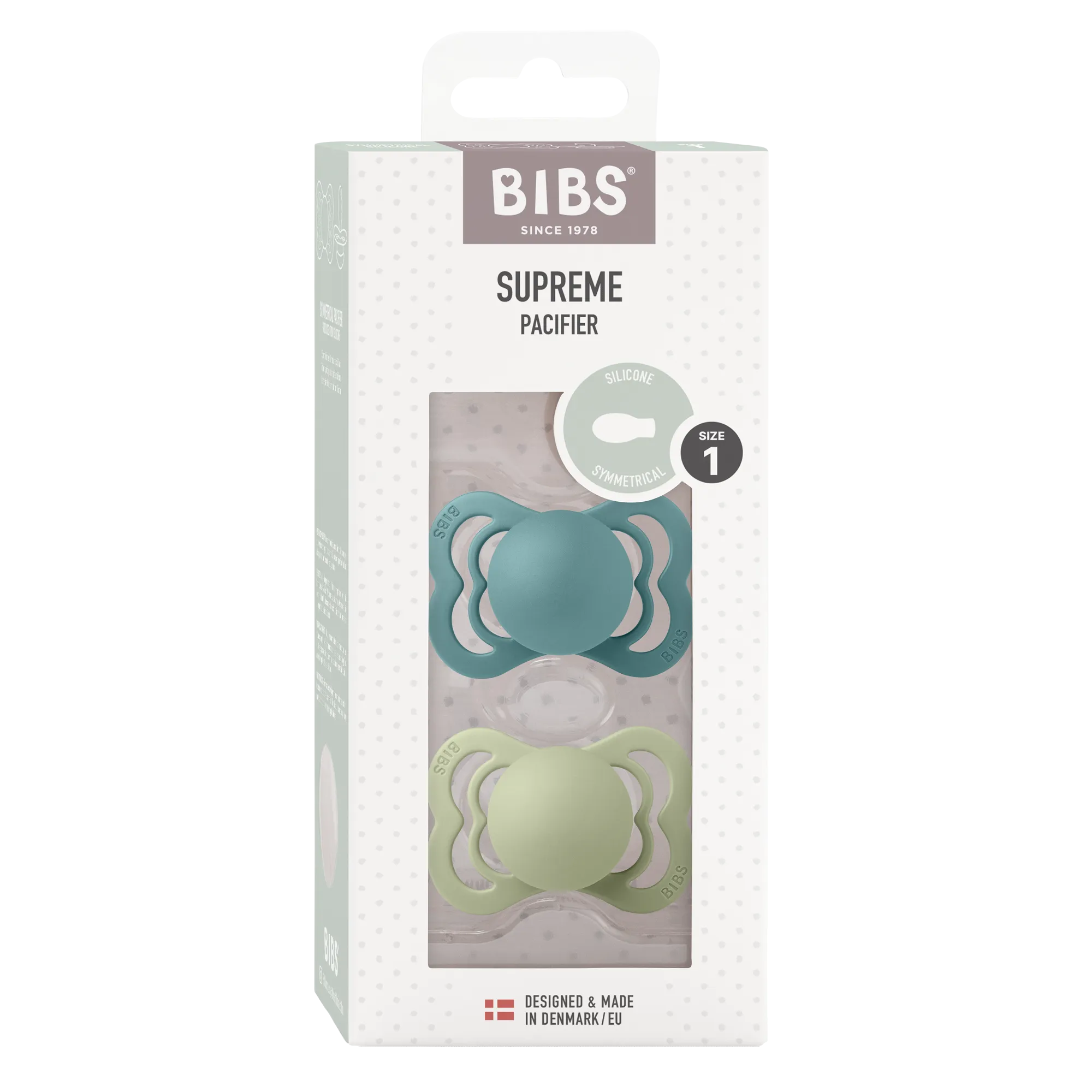 BIBS Pacifier SUPREME Silicone 2 PK Island Sea / Sage (Min. of 2 PK, multiples of 2 PK)