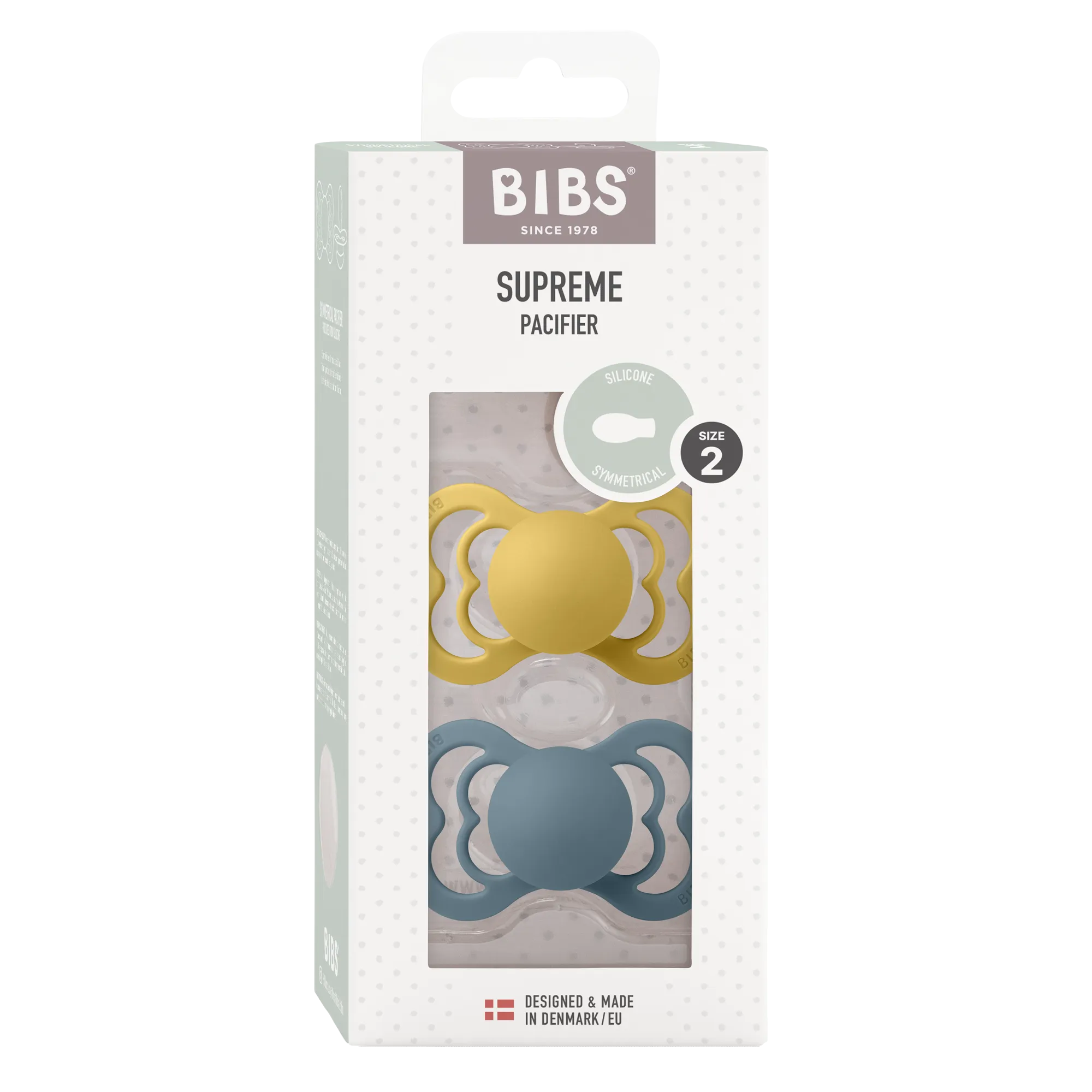 BIBS Pacifier SUPREME Silicone 2 PK Mustard/Petrol (Min. of 2 PK, multiples of 2 PK)