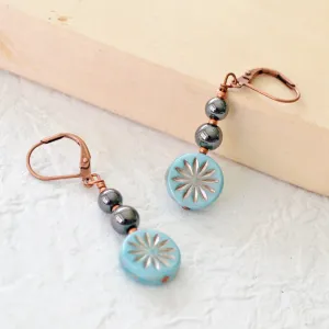 Black Hematite & Blue Czech Glass Magnetic Earrings