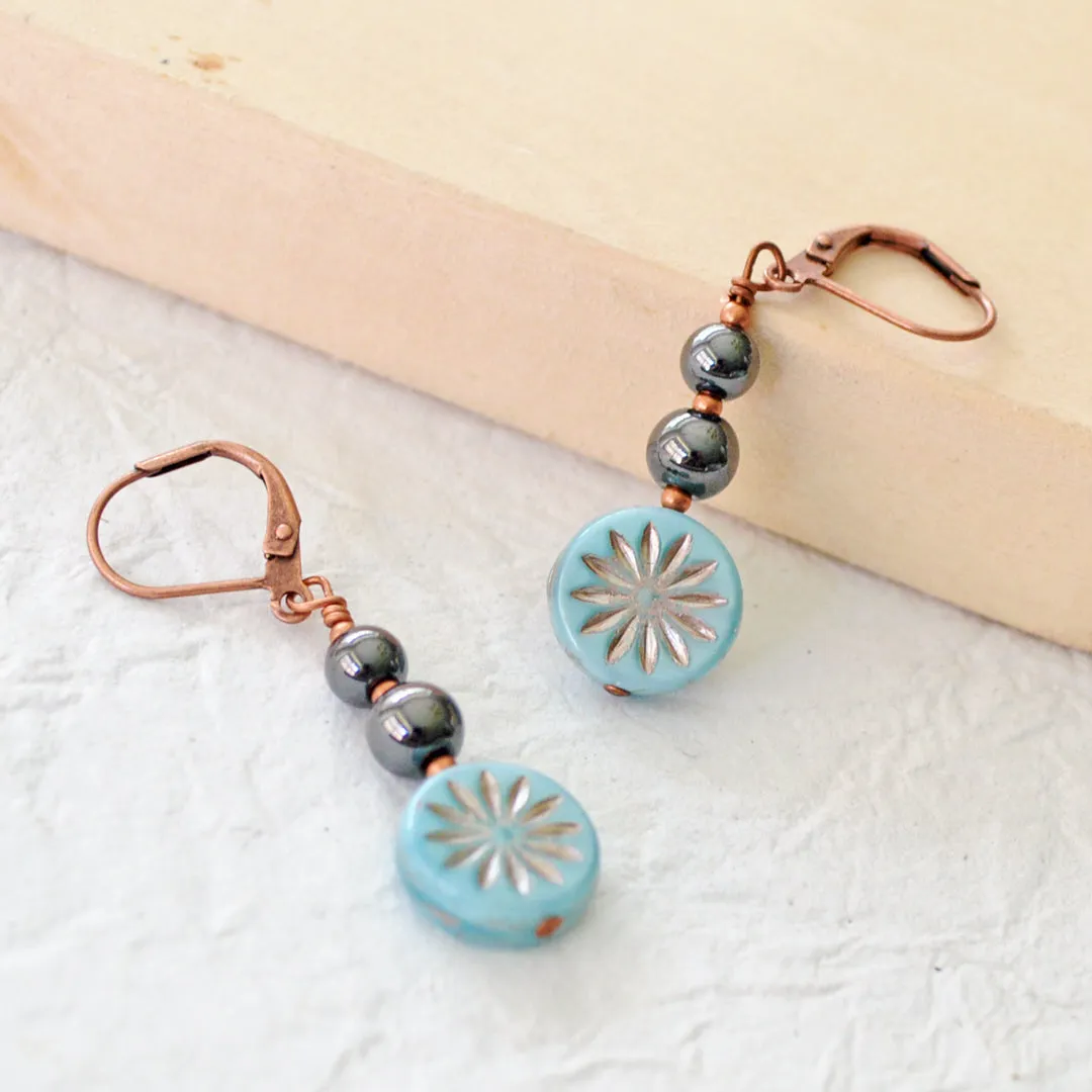 Black Hematite & Blue Czech Glass Magnetic Earrings