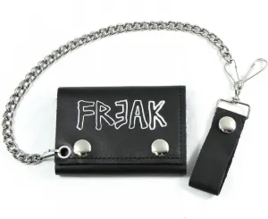 Black leather wallet w/ "FREAK" text  and detachable chain