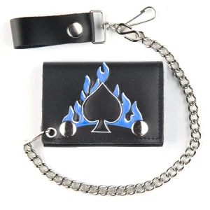 Black leather wallet w/ spade, blue flames and detachable chain