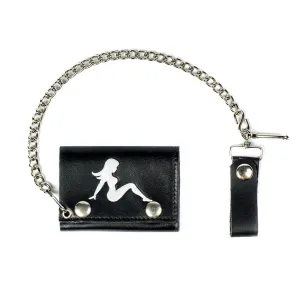 Black leather wallet w/ white mudflap girl on front and detachable chain