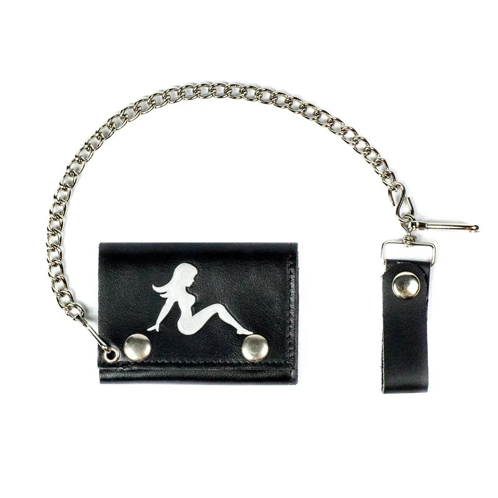 Black leather wallet w/ white mudflap girl on front and detachable chain