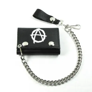 Black tri-fold leather wallet w/ white anarchy symbol and detachable chain