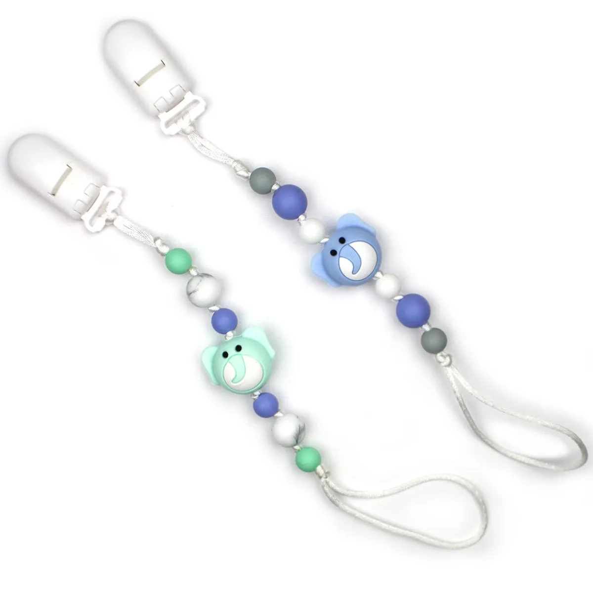 Blue & Green Elephants Silicone Pacifier Clip 2pk