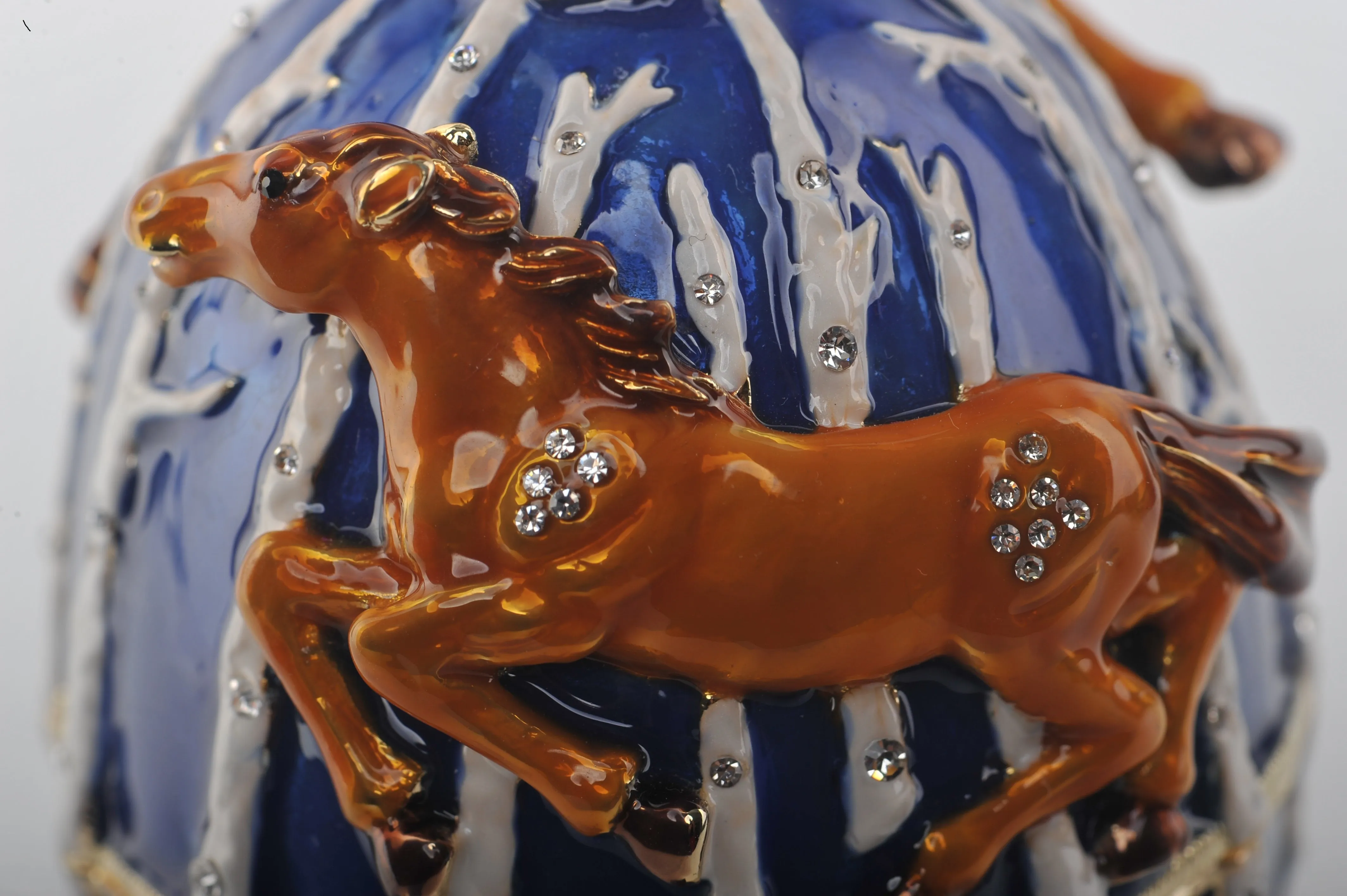 Blue Faberge Egg Trinket Box with Brown Horses
