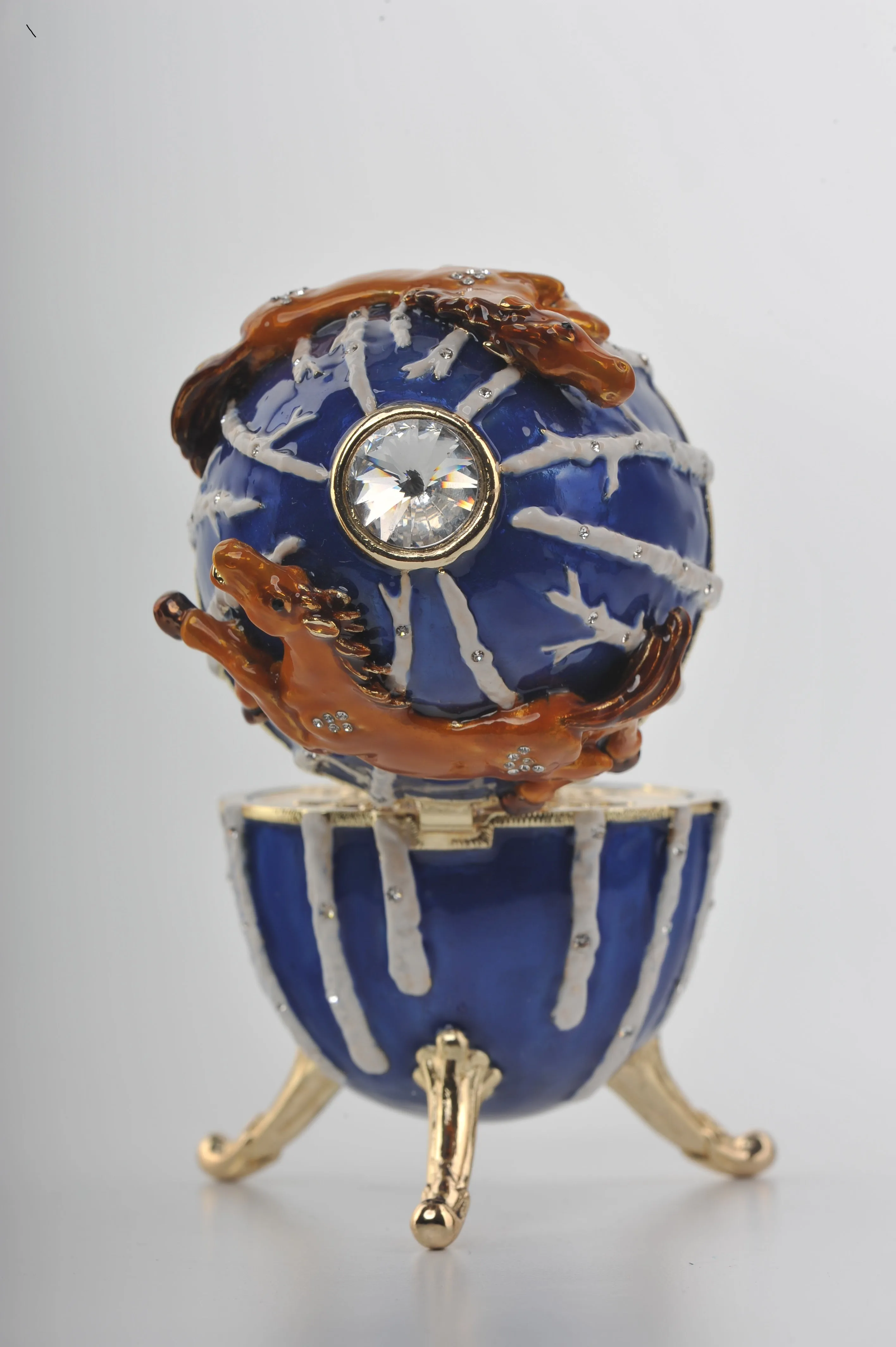 Blue Faberge Egg Trinket Box with Brown Horses