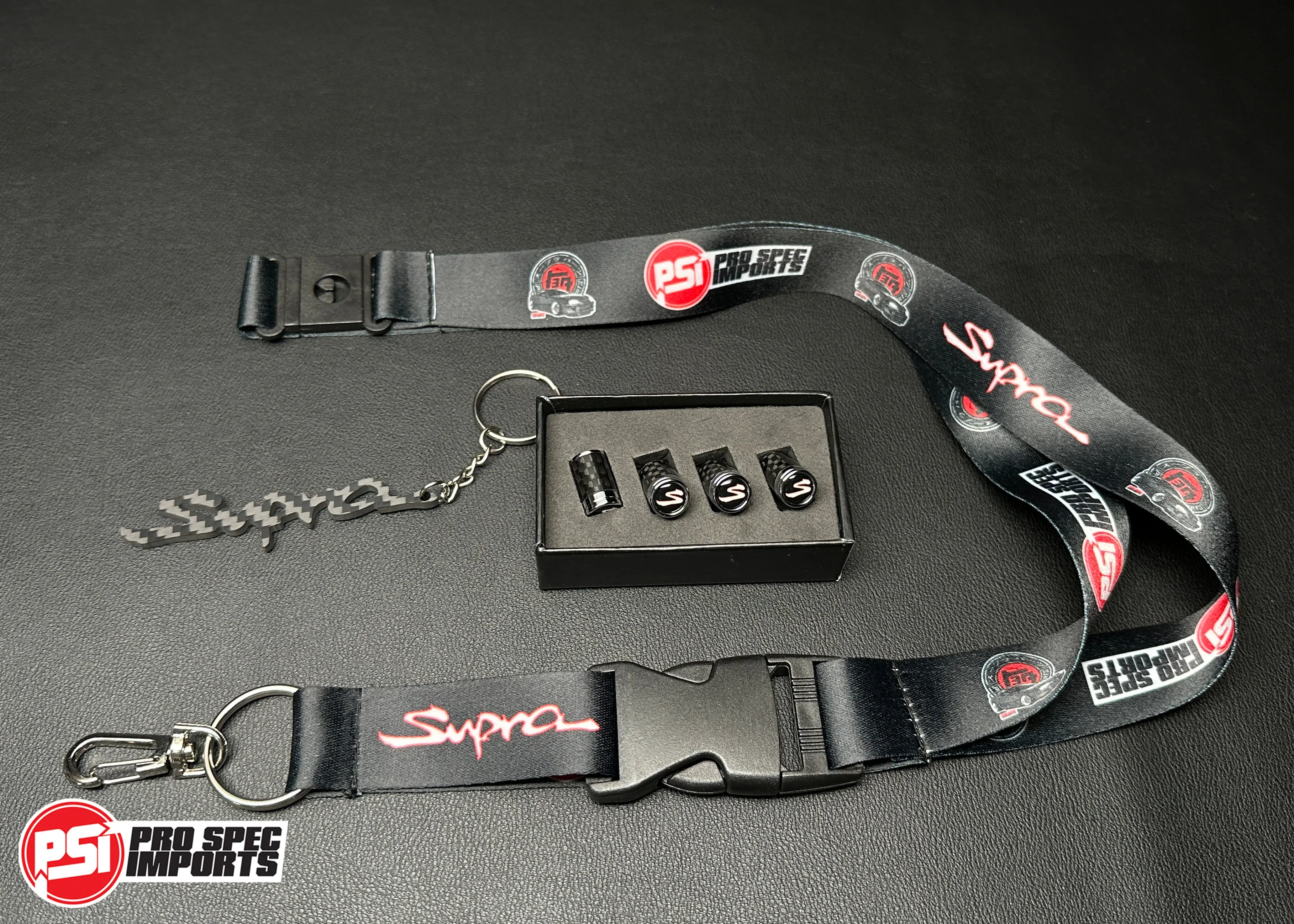 Carbon Fibre Supra 'S' Valve Caps 3pc Combo with Carbon Fibre Supra Keychain, Supra Lanyard - for Toyota Supra JZA80 (Mk4), A70 (Mk3), A90 (Mk5), A91