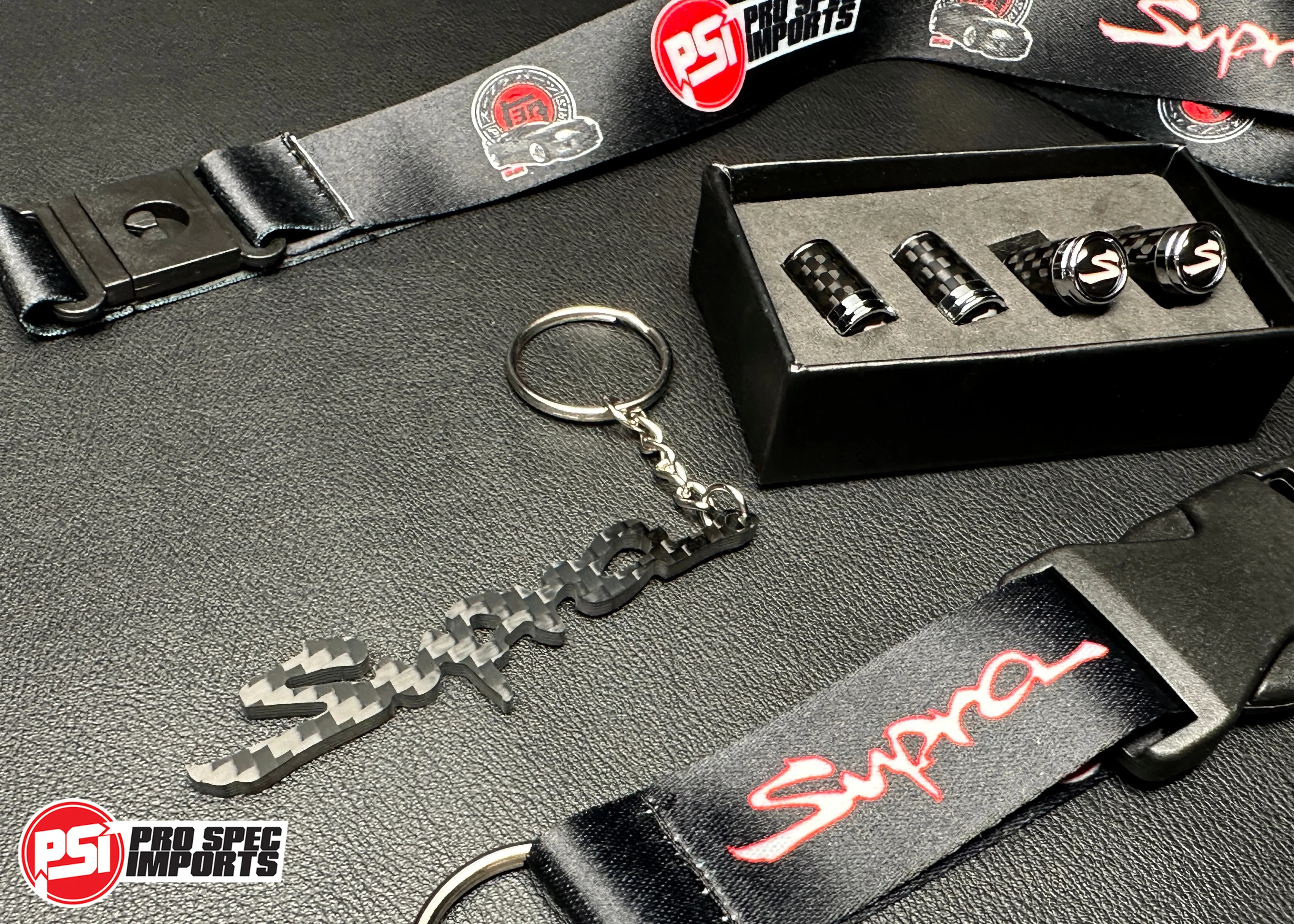 Carbon Fibre Supra 'S' Valve Caps 3pc Combo with Carbon Fibre Supra Keychain, Supra Lanyard - for Toyota Supra JZA80 (Mk4), A70 (Mk3), A90 (Mk5), A91