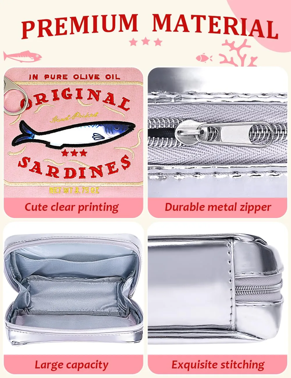 Cessfle Canned Sardines Makeup Bag, Funny Sardine Tin Fish Cosmetic Bag, Creative Cute Makeup Bag Kawaii Pencil Case Pouch, Coquette Make up Pouch for Women