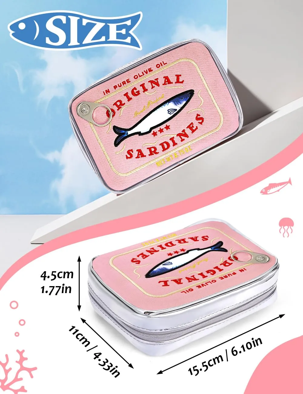 Cessfle Canned Sardines Makeup Bag, Funny Sardine Tin Fish Cosmetic Bag, Creative Cute Makeup Bag Kawaii Pencil Case Pouch, Coquette Make up Pouch for Women
