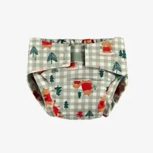 Couche réutilisable ultramince SM  verte à carreaux et motifs, bébé || SM  ultra-thin green plaid reusable diaper with all over print, baby