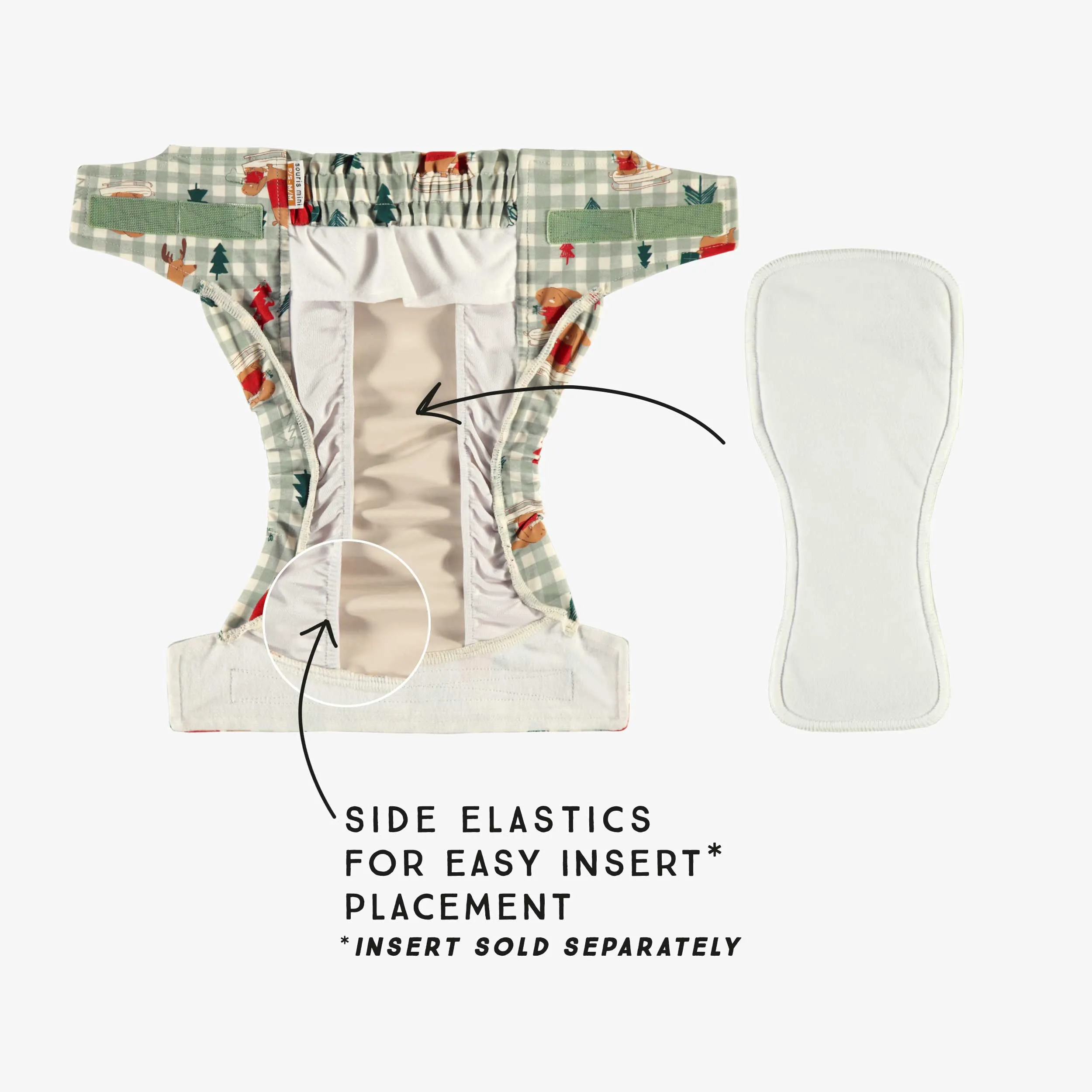 Couche réutilisable ultramince SM  verte à carreaux et motifs, bébé || SM  ultra-thin green plaid reusable diaper with all over print, baby