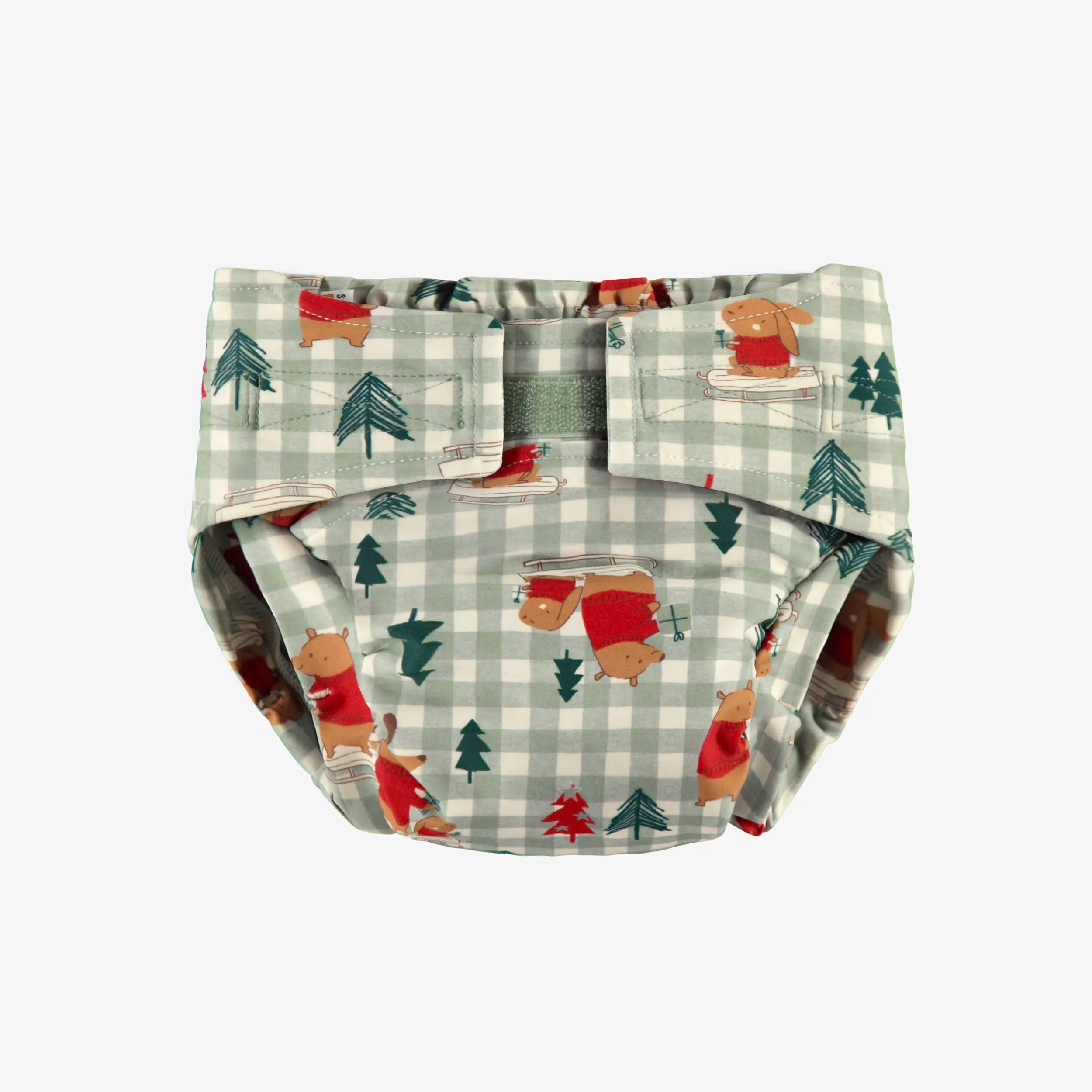 Couche réutilisable ultramince SM  verte à carreaux et motifs, bébé || SM  ultra-thin green plaid reusable diaper with all over print, baby