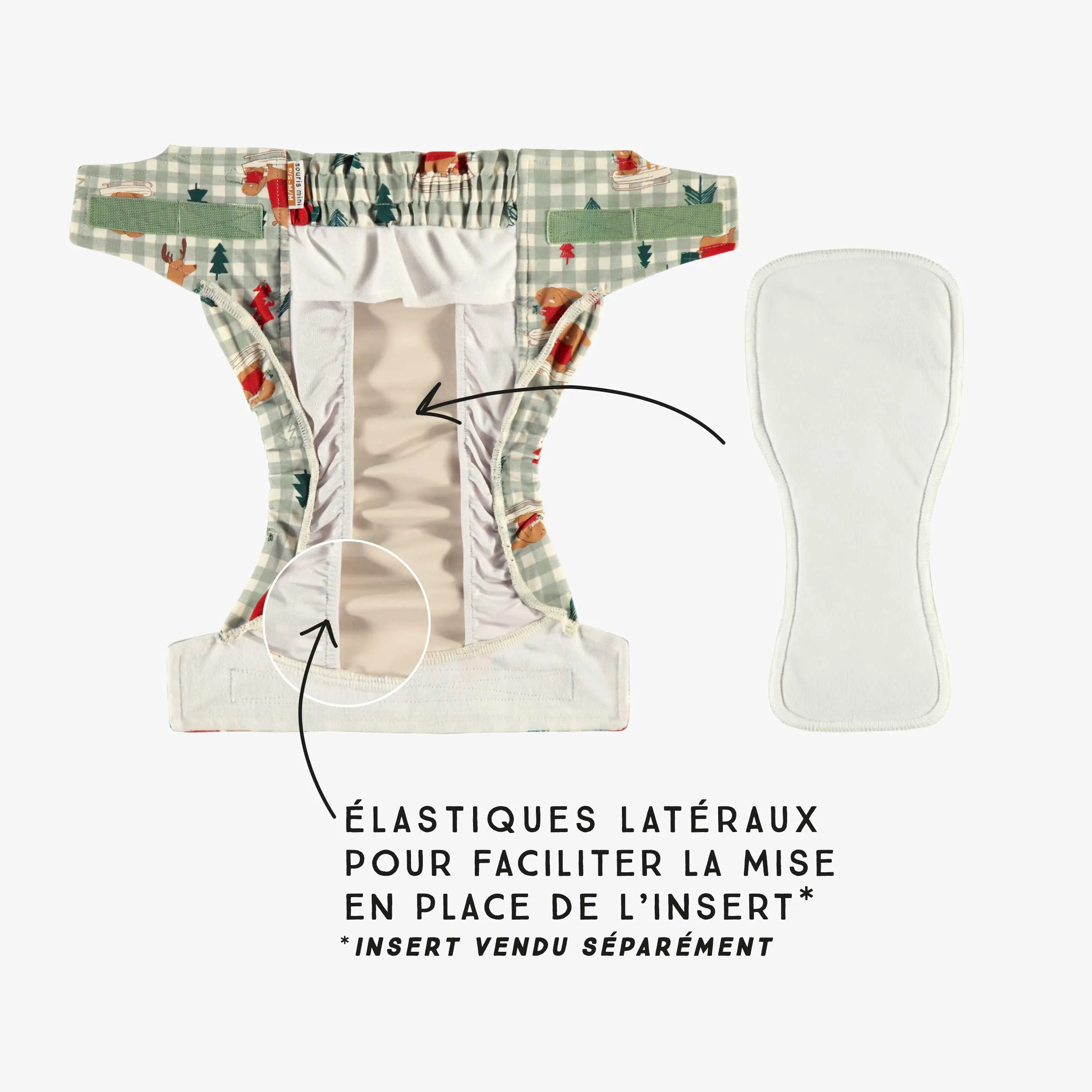 Couche réutilisable ultramince SM  verte à carreaux et motifs, bébé || SM  ultra-thin green plaid reusable diaper with all over print, baby