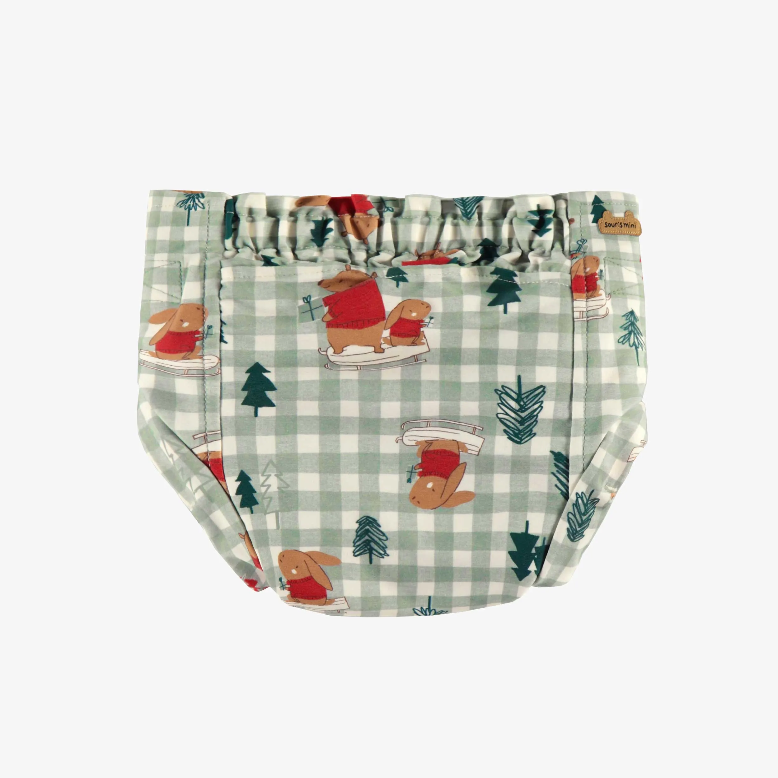 Couche réutilisable ultramince SM  verte à carreaux et motifs, bébé || SM  ultra-thin green plaid reusable diaper with all over print, baby