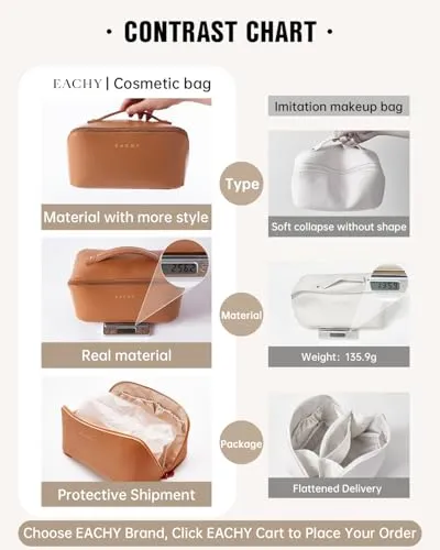 EACHY Travel Makeup Bag, Large Capacity Cosmetic Bags for Women, Waterproof Portable Open Flat Toiletry Bag Make up Bag with Divider and Handle (LB-Black, Large)