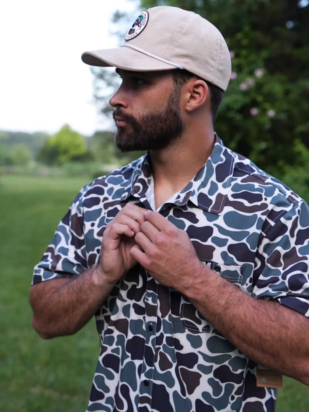 Earth Camo Button Up Performance Short Sleeve
