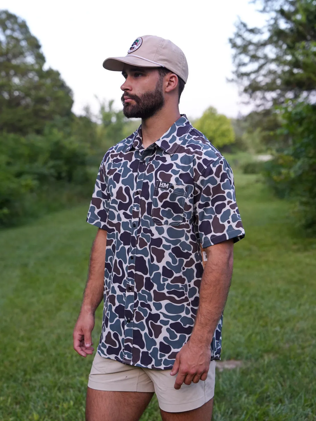 Earth Camo Button Up Performance Short Sleeve