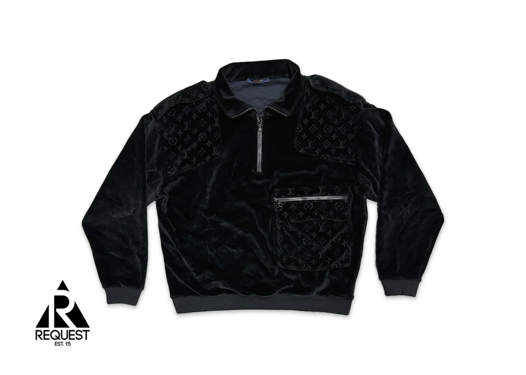 Embossed Velour Cargo Pocket Quarter Zip Pullover "Black"