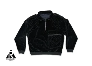 Embossed Velour Cargo Pocket Quarter Zip Pullover "Black"