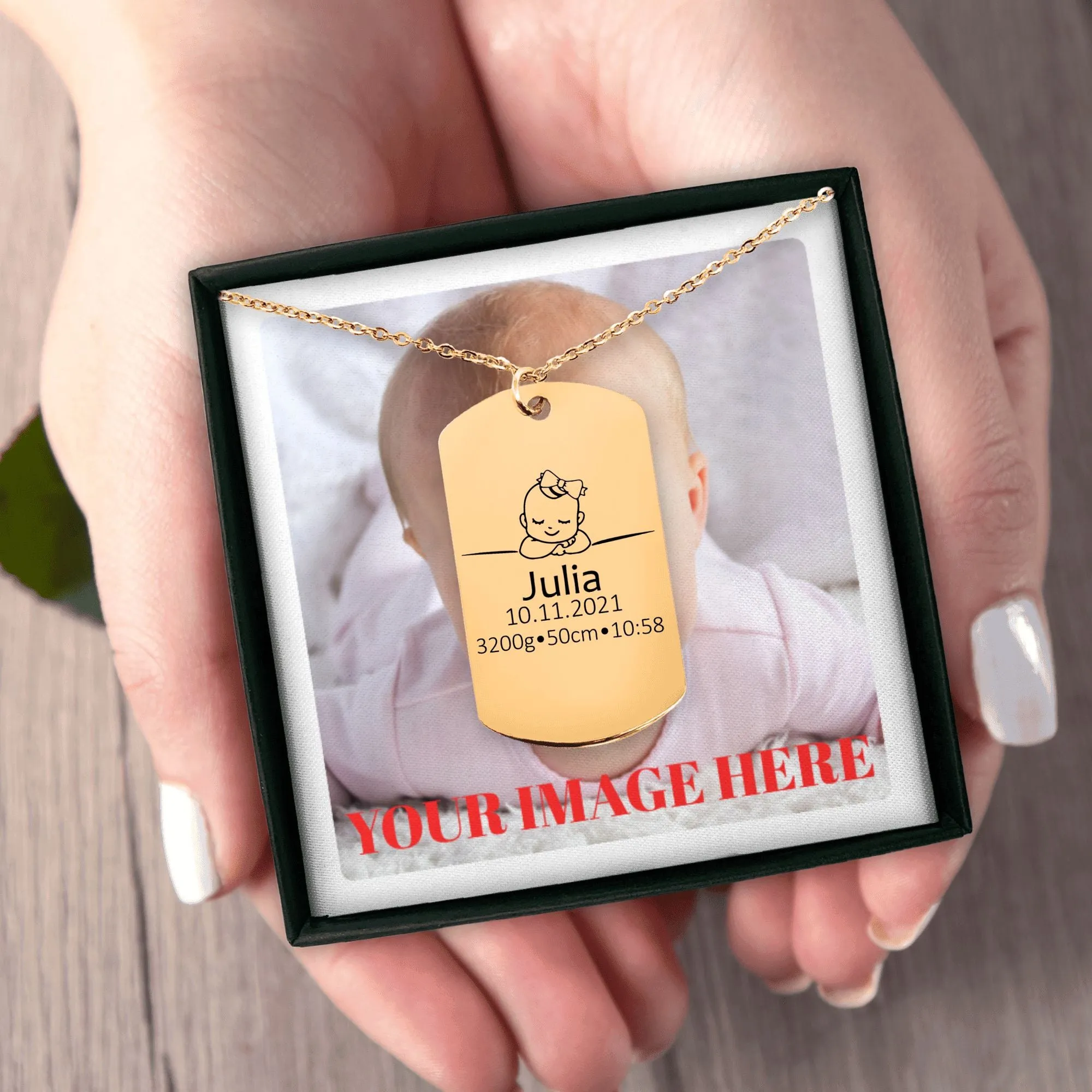 Engrave Custom Birth Details Tag – Personalized Jewelry with Baby's Name, Birthdate, Weight, and Time for New Parents or Baby Keepsake